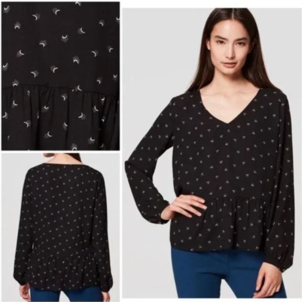 LOFT Black Peplum Blouse w/Crescent Moons